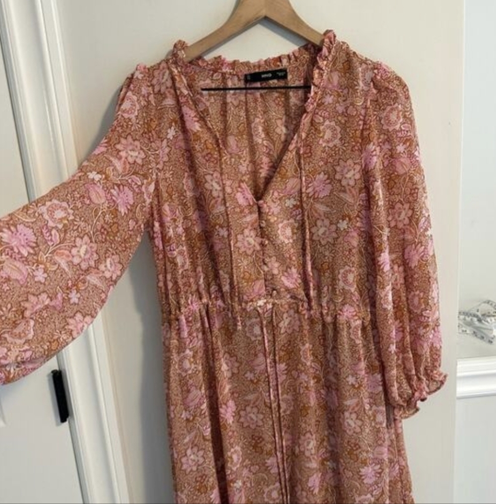 Mango Pink Orange Floral Long Sleeve Maxi Dress - Size 6